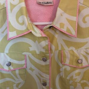 3 Sisters Green and Pink Patterned Jean Jacket